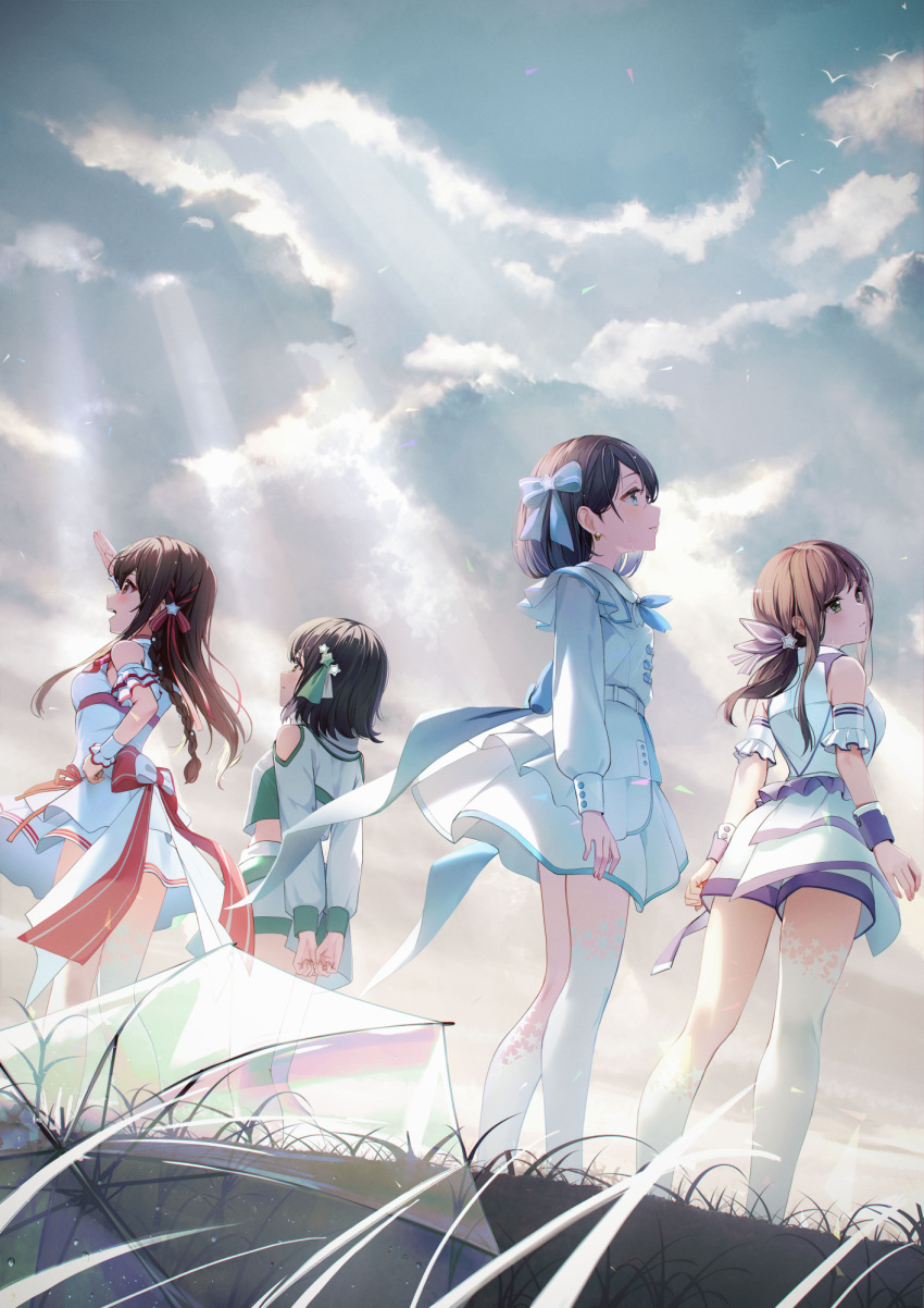 4girls, :d, asymmetrical_legwear, back_bow, belt, blue_bow, blue_dress, blue_eyes