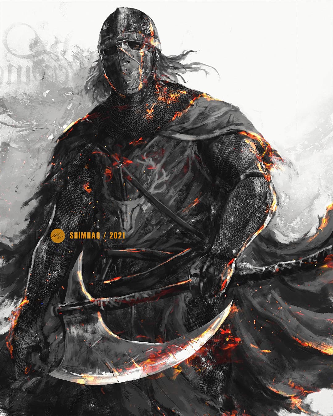 1boy, armor, axe, cape, chainmail, commentary, covered_face, creighton_of_mirrah