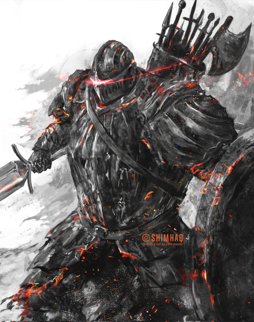 armor, belt, breastplate, dark_souls_(series), dark_souls_ii, embers, eye_trail, full_armor, helmet, highres, holding, holding_shield, holding_sword, holding_weapon, pauldrons, quiver, shield, shimhaq, shoulder_armor, signature, solo, sword, the_pursuer, weapon