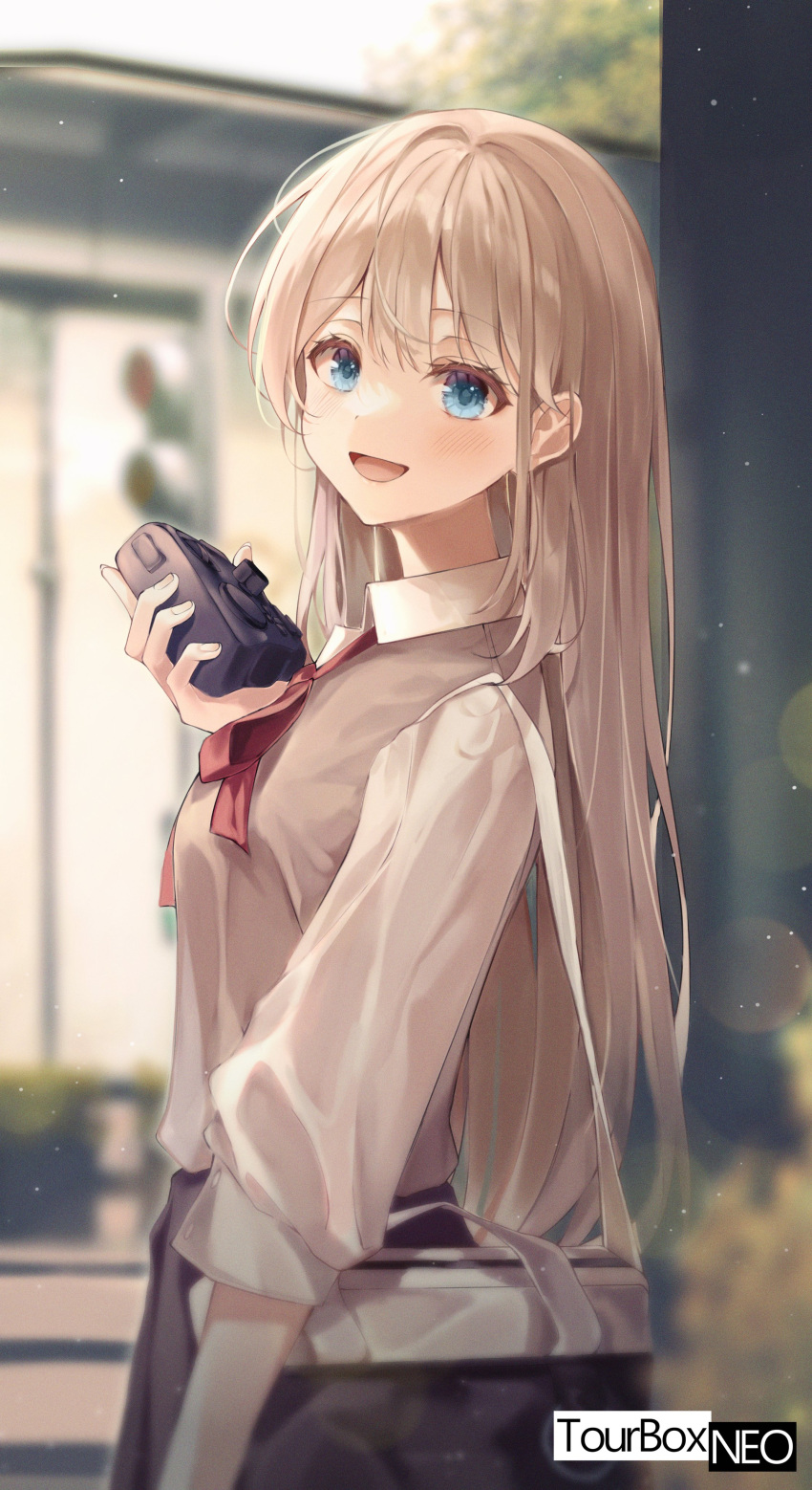 1girl, :d, absurdres, bag, bangs, black_skirt, blue_eyes, blush