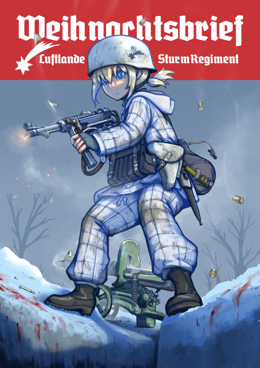 1girl, black_footwear, blonde_hair, blue_eyes, boots, erica_(naze1940), gun, helmet