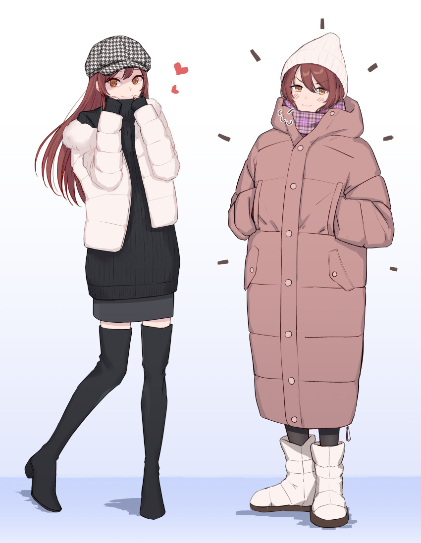 2girls, =3, absurdres, alternate_costume, beanie, black_sweater, blush_stickers, boots