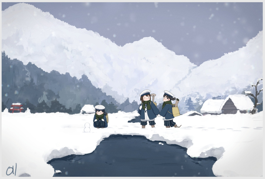3girls, bare_tree, black_hair, brown_hair, daitou_(kancolle), dress, gloves, green_scarf