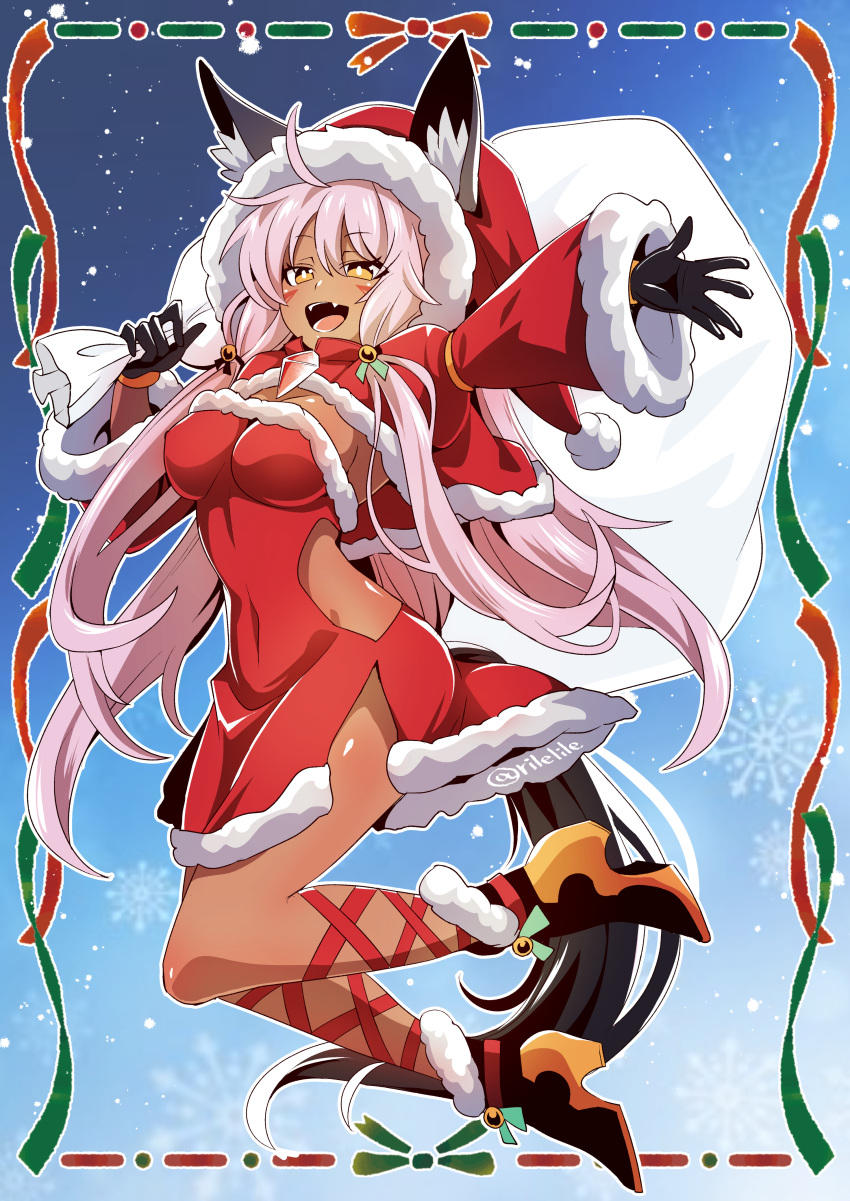 1girl, absurdres, ahoge, animal_ears, artist_name, bag, black_gloves, breasts