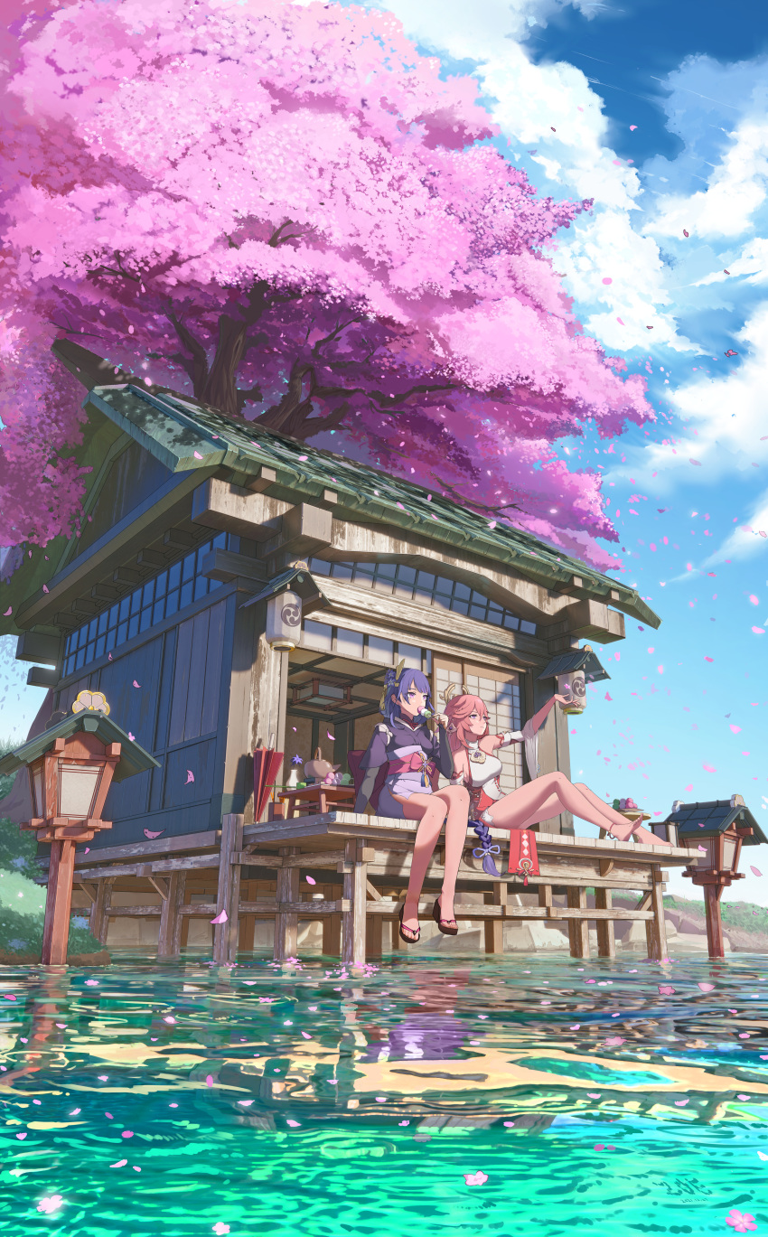 absurdres, bangs, bare_shoulders, braid, bridal_gauntlets, cherry_blossoms, dango, detached_sleeves, eyebrows_visible_through_hair, flower, food, genshin_impact, hair_between_eyes, hair_ornament, highres, japanese_clothes, kimono, lantern, long_hair, long_sleeves, miko, multiple_girls, petals, pink_hair, purple_flower, purple_hair, raiden_shogun, ribbon, sash, stilt_house, tree, umbrella, violet_eyes, wagashi, water, wide_sleeves, yae_(genshin_impact), zoe_(pixiv43701990)