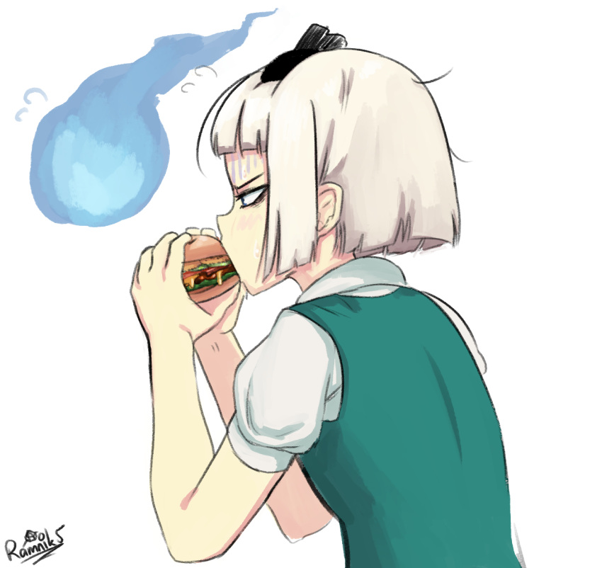 1girl, black_hairband, black_ribbon, blush, bob_cut, breasts, burger, collared_shirt