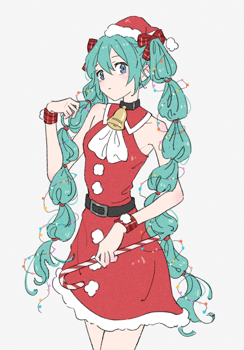 1girl, alternate_costume, alternate_hairstyle, aqua_hair, arm_at_side, ascot, bare_arms, bell