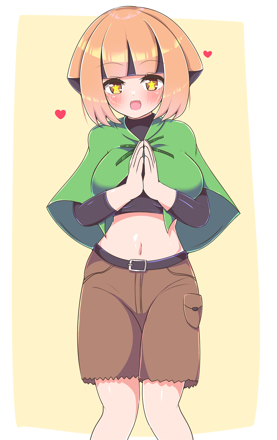 1girl, :d, asage_(asgsn), bangs, belt, black_belt, black_hair, blunt_bangs, blush, border, breasts, brown_eyes, crop_top, eyelashes, gardenia_(pokemon), heart, highres, looking_at_viewer, medium_hair, midriff, multicolored_hair, navel, open_mouth, orange_hair, own_hands_together, pokemon, pokemon_(game), pokemon_dppt, poncho, shiny, shiny_hair, shiny_skin, shorts, smile, solo, star-shaped_pupils, star_(symbol), symbol-shaped_pupils, tongue, two-tone_hair, white_border, yellow_background