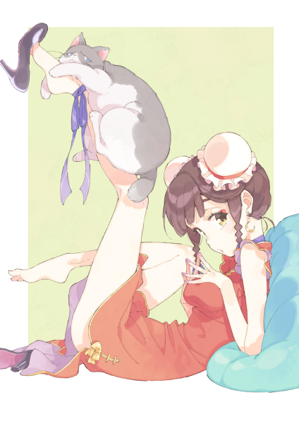 1girl, :o, animal, animal_on_leg, ankle_ribbon, bangs, bare_arms, bare_legs
