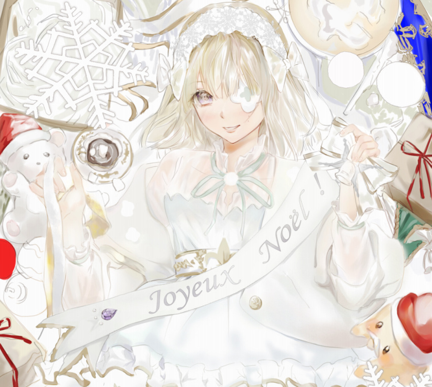 alternate_costume, azur_lane, bell, blonde_hair, christmas, christmas_present, cup, dress