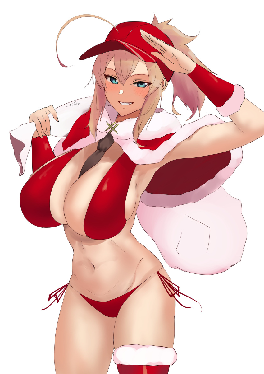 1girl, absurdres, artoria_pendragon_(fate), aya_roushi, bag, between_breasts, bikini, blonde_hair, blue_eyes, breasts, cape, christmas, fate/grand_order, fate_(series), grin, hat, highres, huge_breasts, mysterious_heroine_xx_(fate), navel, necktie, necktie_between_breasts, ponytail, red_bikini, red_legwear, sack, salute, santa_bikini, santa_costume, seductive_smile, side-tie_bikini, single_thighhigh, smile, solo, swimsuit, thick_thighs, thigh-highs, thighs
