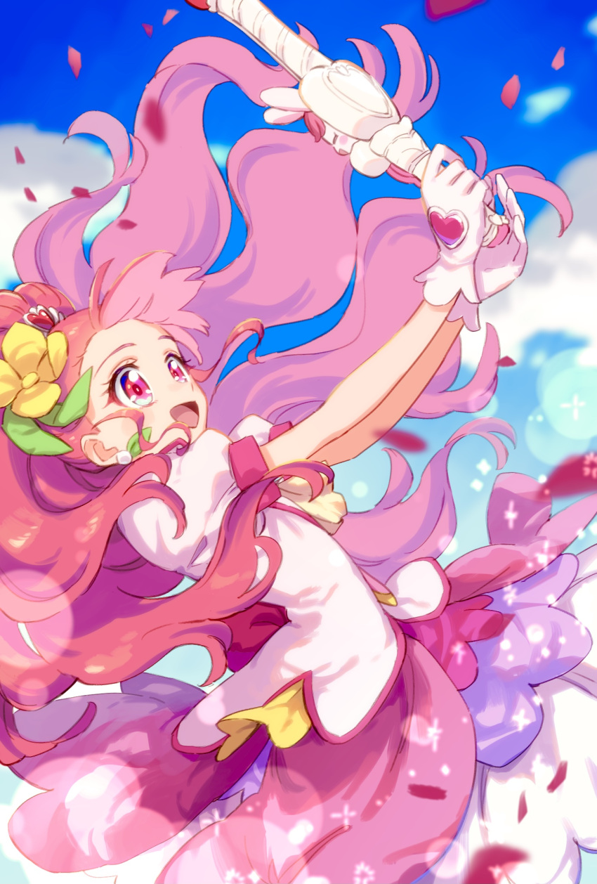 1girl, blue_sky, choker, clouds, cure_grace, day, dress, flower