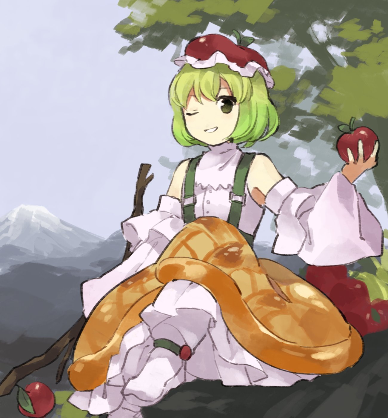 1girl, ankleband, apple, apple_girlington, borrowed_design, branch, detached_sleeves, dress
