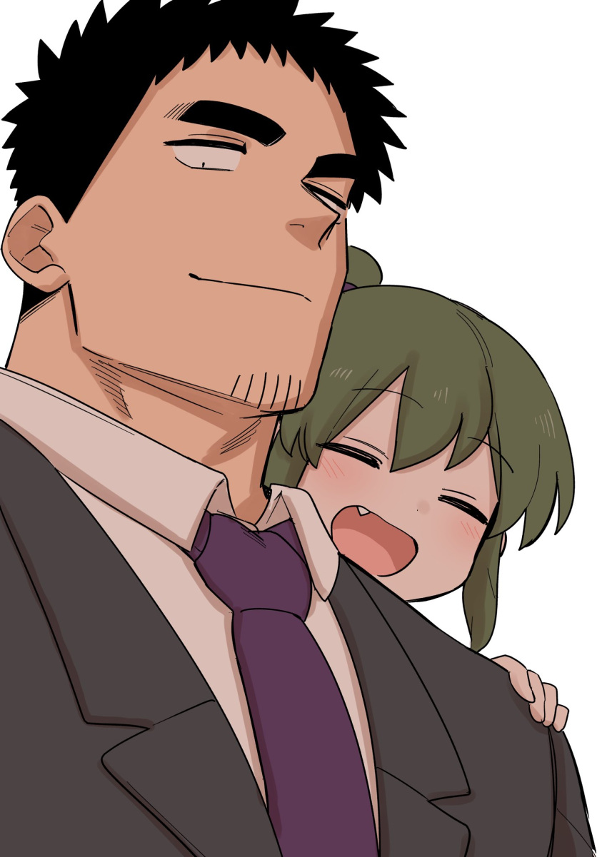 1boy, 1girl, black_hair, blush, collared_shirt, facial_hair, fang, formal