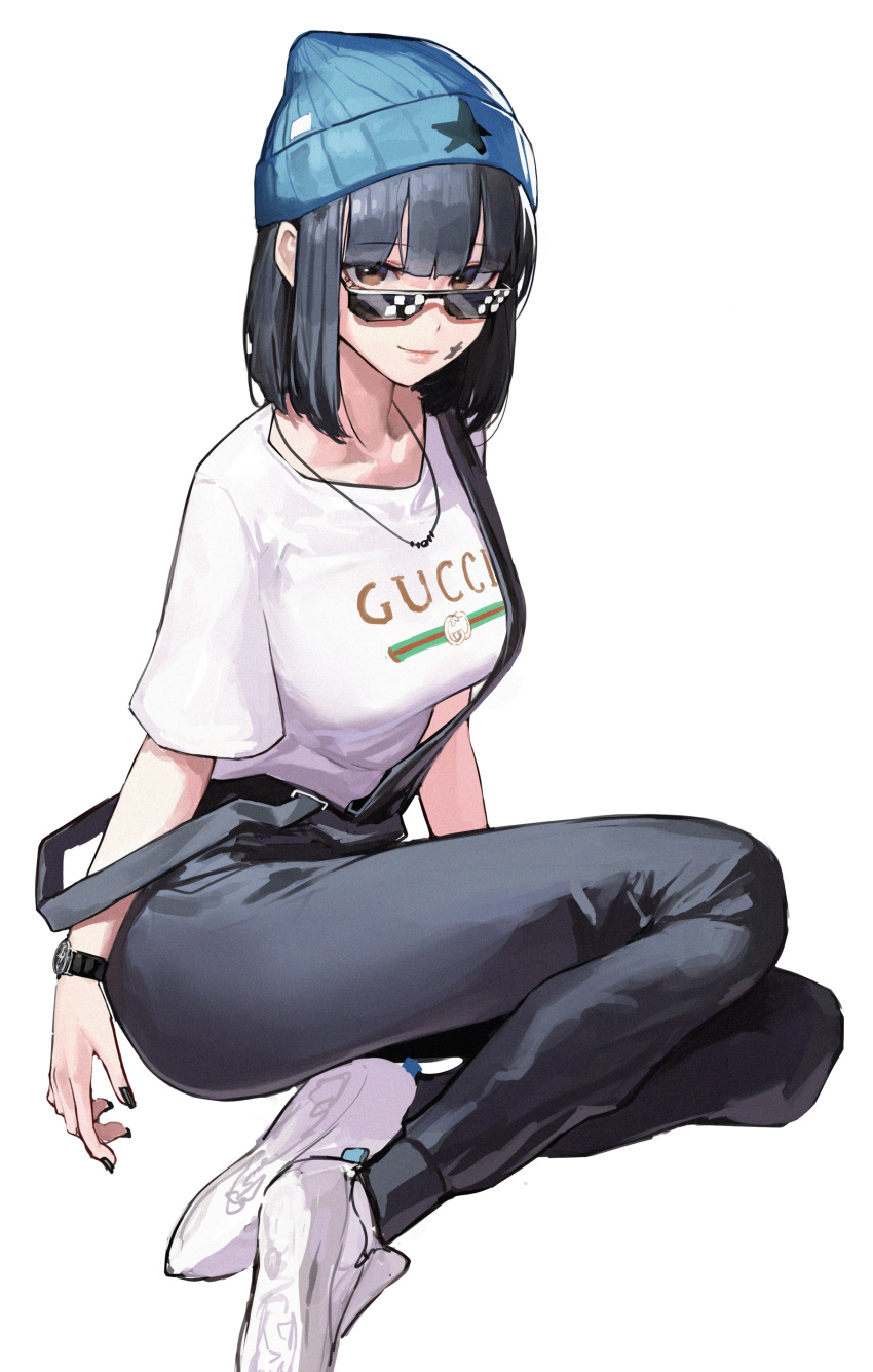 1girl, absurdres, beanie, black_hair, black_nails, black_pants, blue_headwear, brown_eyes