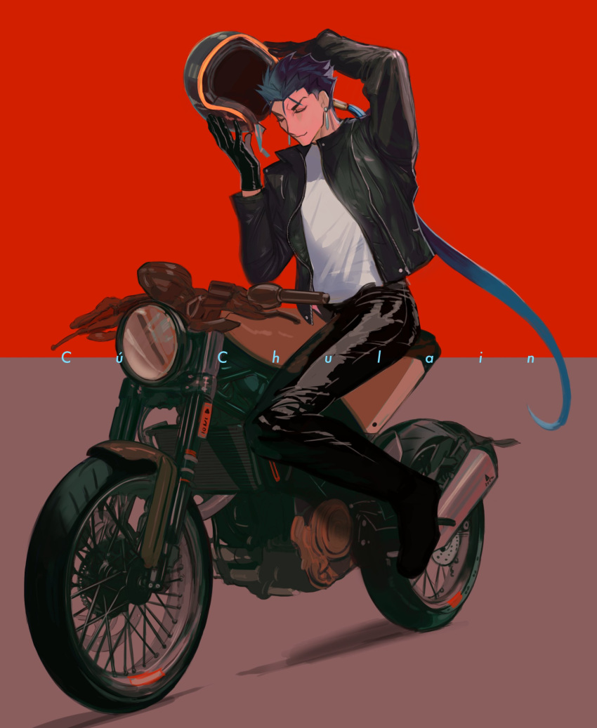 1boy, absurdres, alternate_costume, baragi, beads, black_footwear, blue_hair, character_name, closed_eyes, closed_mouth, contemporary, cu_chulainn_(fate), cu_chulainn_(fate/stay_night), earrings, fate/stay_night, fate_(series), floating_hair, full_body, gloves, grin, ground_vehicle, hair_beads, hair_ornament, helmet, highres, jacket, jewelry, leather, leather_jacket, leather_pants, long_hair, long_sleeves, male_focus, motor_vehicle, motorcycle, motorcycle_helmet, pants, ponytail, removing_helmet, simple_background, smile, solo, spiky_hair, very_long_hair