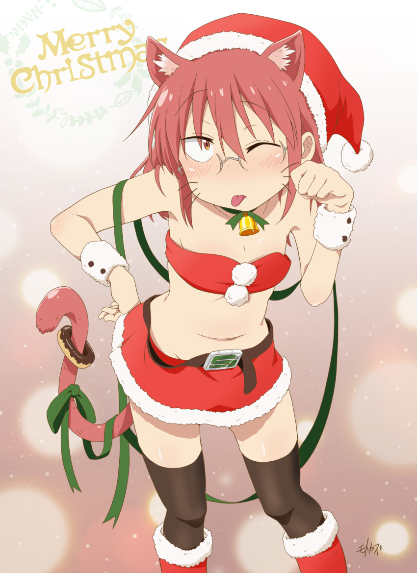 1girl, :p, alternate_hairstyle, animal_ears, artist_name, background_text, bell, belt
