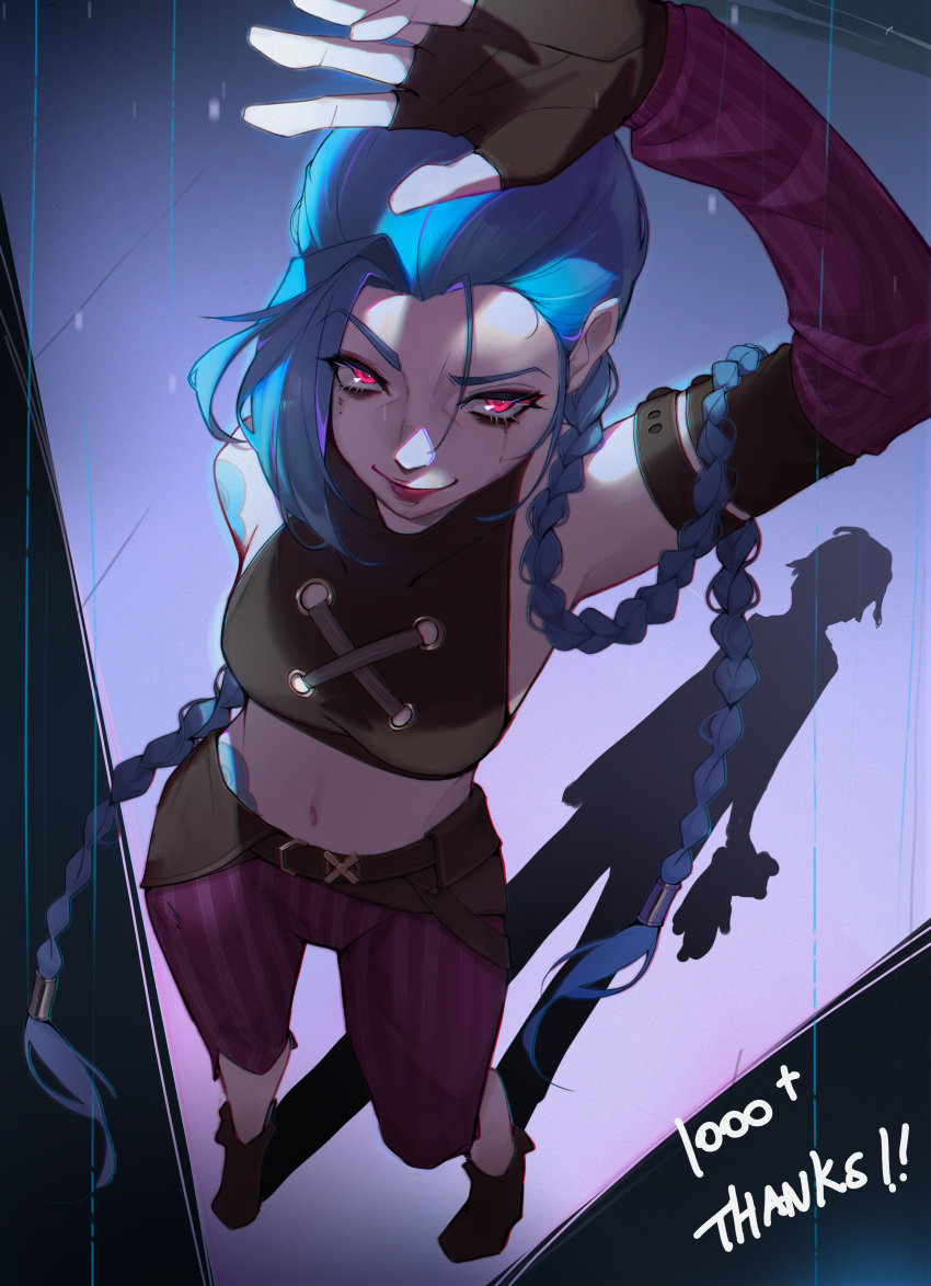 1girl, absurdres, arcane:_league_of_legends, arcane_jinx, arm_behind_back, arm_up, asymmetrical_bangs, bangs