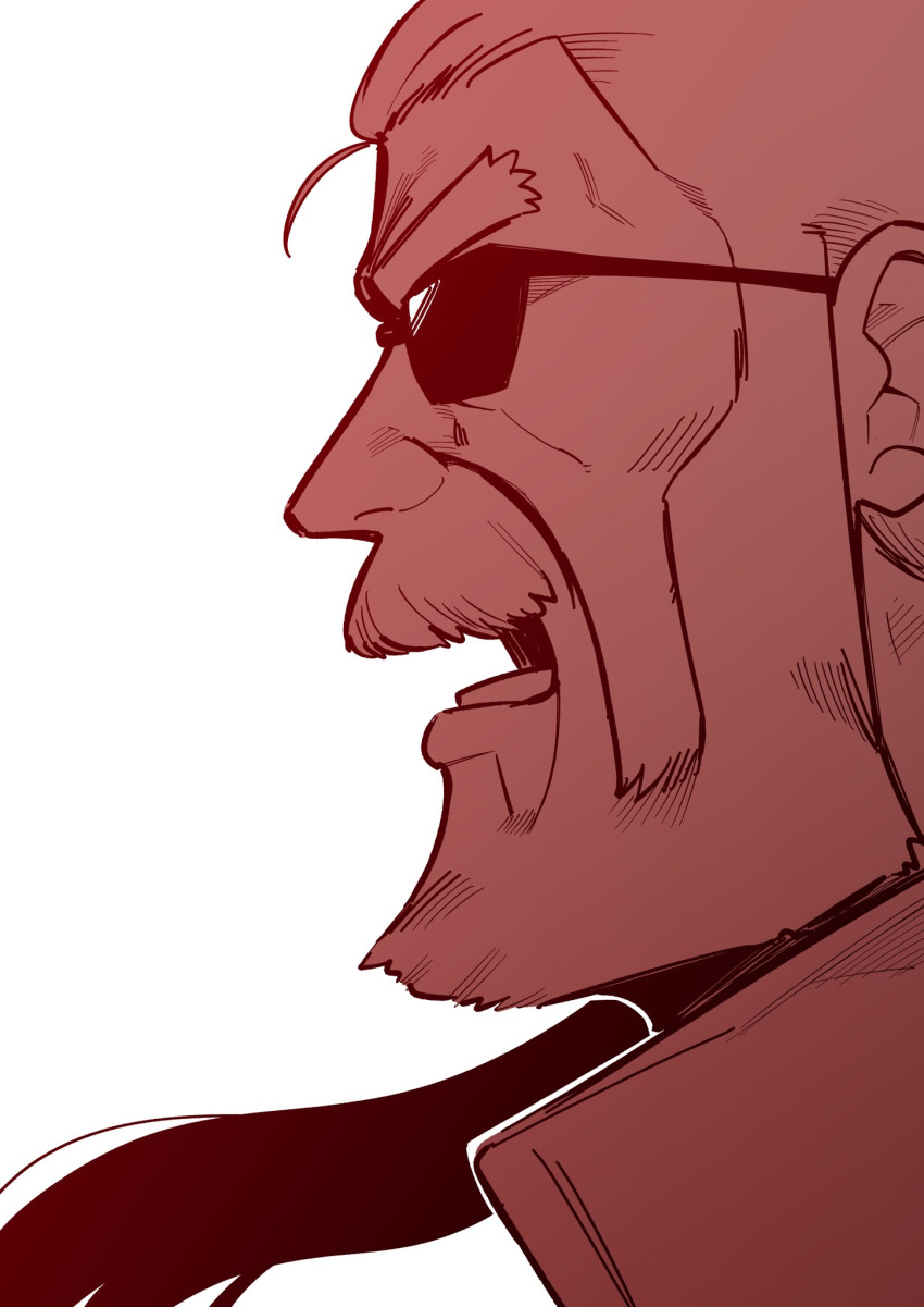 1boy, beard, close-up, face, facial_hair, from_side, grandpa_(shiromanta), hair_strand, highres, male_focus, mature_male, muscular, muscular_male, old, old_man, open_mouth, red_theme, senpai_ga_uzai_kouhai_no_hanashi, shiromanta, solo, sunglasses, thick_eyebrows, wrinkled_skin