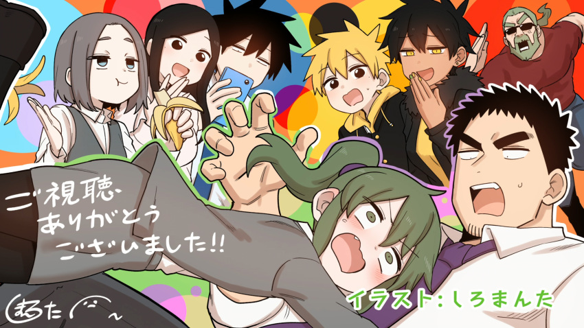 4boys, 4girls, banana, banana_peel, beard, black_hair, blonde_hair, blush