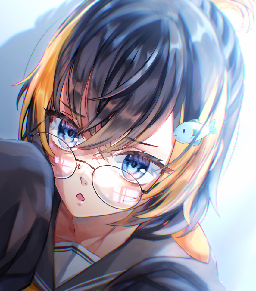 1girl, absurdres, bangs, black_hair, blue_eyes, eyebrows_visible_through_hair, fish_hair_ornament, glasses, hair_ornament, highres, lins_(linszhz), looking_at_viewer, multicolored_hair, nijisanji, nijisanji_en, open_mouth, orange_hair, petra_gurin, sleeves_past_wrists, streaked_hair, virtual_youtuber