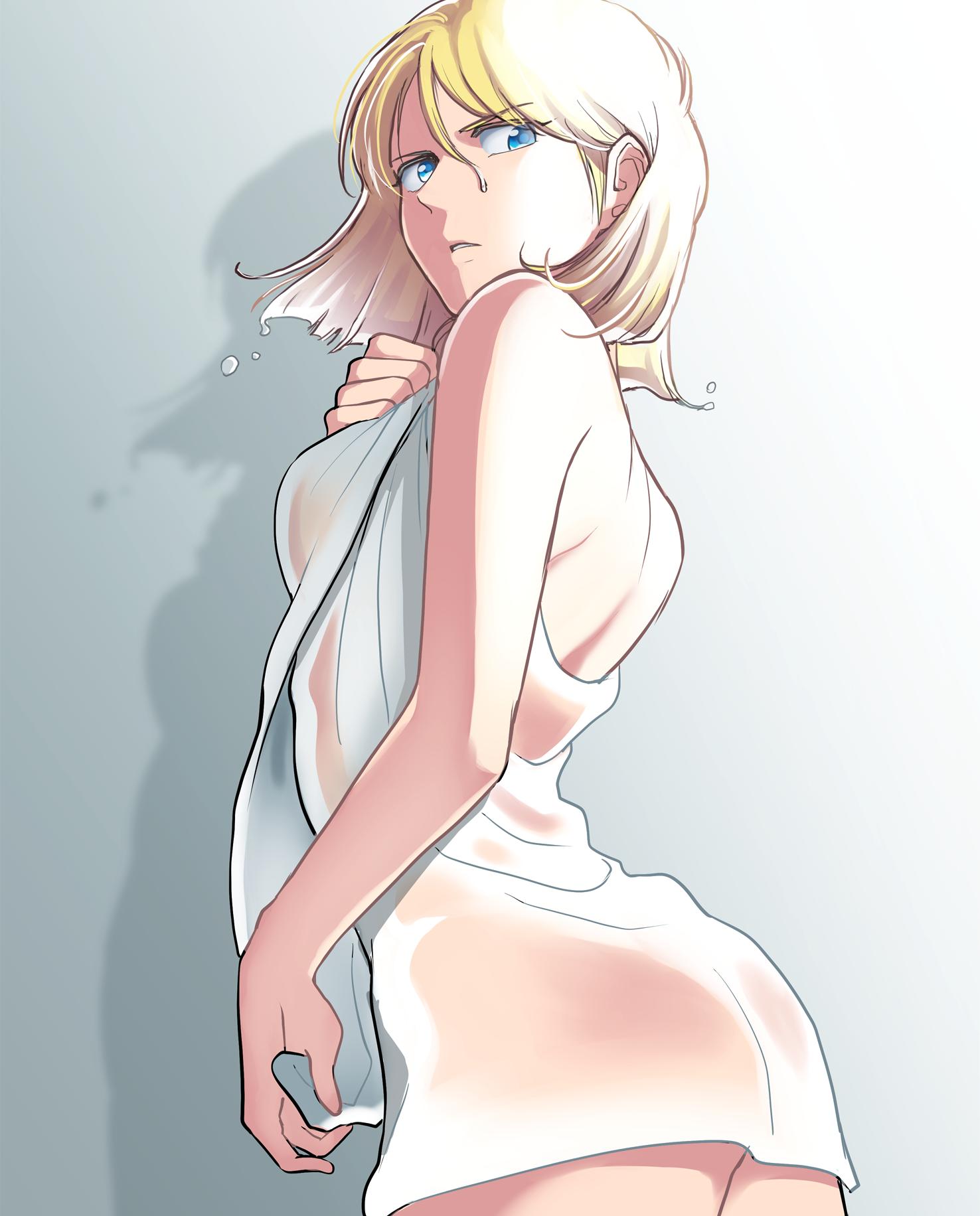 1girl, bangs, blonde_hair, blue_eyes, cowboy_shot, from_side, gradient, gradient_background