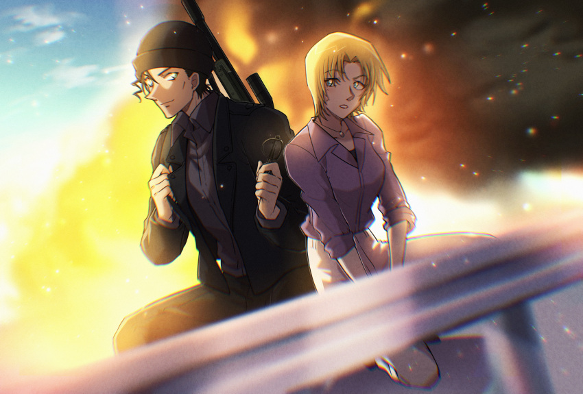 1boy, 1girl, absurdres, akai_shuuichi, bangs, black_hair, black_jacket, black_pants