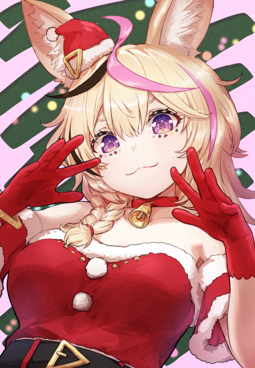 1girl, :3, ahoge, animal_ear_fluff, animal_ears, bangs, bare_shoulders, bell, belt, belt_buckle, black_belt, black_hair, blonde_hair, braid, breasts, buckle, choker, christmas, closed_mouth, club_(shape), collarbone, commentary_request, detached_sleeves, diamond_(shape), dress, etomina, eyebrows_visible_through_hair, facial_mark, fox_ears, fox_girl, fur-trimmed_dress, fur-trimmed_headwear, fur-trimmed_sleeves, fur_trim, gloves, hair_between_eyes, hair_over_shoulder, hands_up, hat, head_tilt, heart, heart-shaped_pupils, highres, hololive, long_hair, looking_at_viewer, medium_breasts, mini_hat, multicolored_hair, neck_bell, off-shoulder_dress, off_shoulder, omaru_polka, outstretched_hand, pink_background, pink_hair, pom_pom_(clothes), red_choker, red_gloves, red_headwear, santa_costume, santa_hat, shiny, shiny_hair, short_sleeves, side_braid, sidelocks, solo, spade_(shape), star_(symbol), streaked_hair, symbol-shaped_pupils, upper_body, v-shaped_eyebrows, violet_eyes, virtual_youtuber