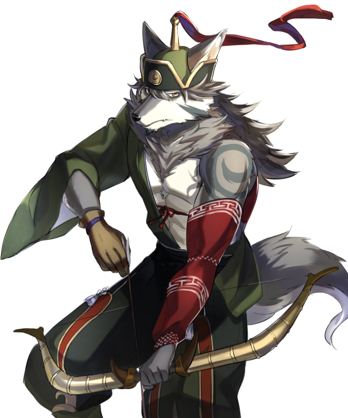 1boy, animal_ears, asutarou, beige_fur, bow_(weapon), drawing_bow, facial_hair, fang