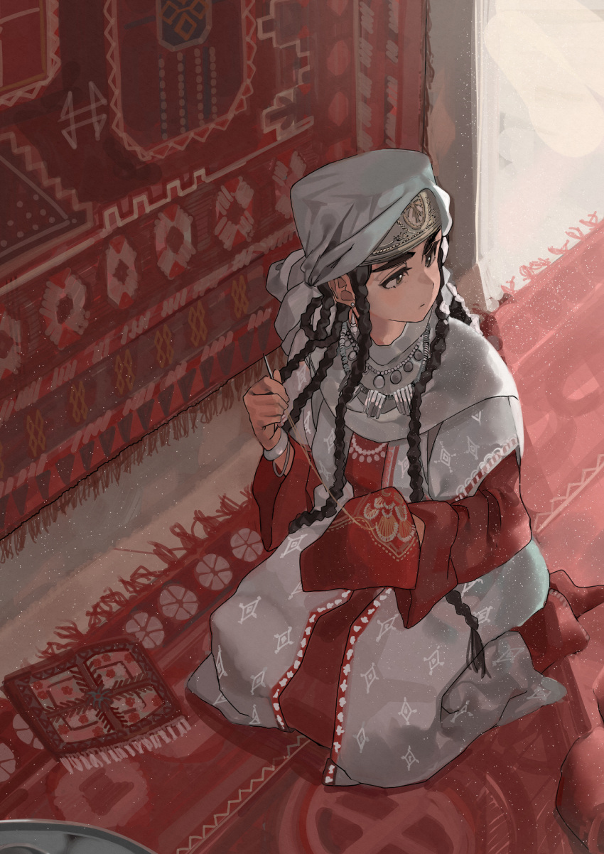 1girl, black_eyes, black_hair, bracelet, braid, cape, carpet, dress