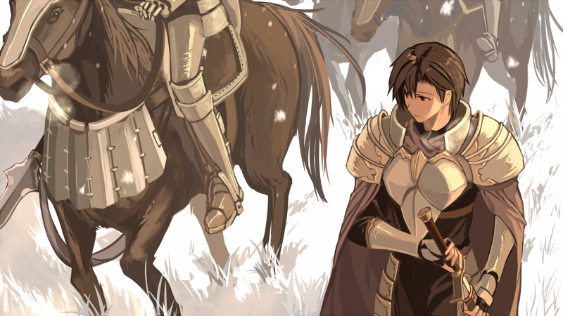 1boy, 2others, animal, armor, armored_boots, arthur_(bealphareth), bad_id, bad_pixiv_id, barding, bealphareth, black_hair, boots, breastplate, cape, cavalry, closed_mouth, day, expressionless, faulds, from_above, gauntlets, grass, greaves, harusame_(rueken), holding, holding_polearm, holding_sword, holding_weapon, horse, horseback_riding, knight, lance, looking_to_the_side, metal, multiple_others, out_of_frame, outdoors, pauldrons, plate_armor, polearm, poleyn, reins, riding, saddle, sheath, shoulder_armor, sidelocks, snow, snowing, standing, sunlight, sword, unsheathing, vambraces, weapon, white_armor