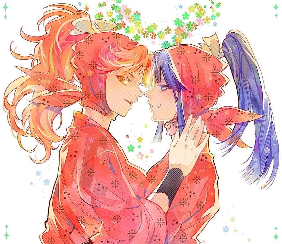 2girls, blue_eyes, blue_hair, breast_press, brown_hair, face-to-face, floral_background, from_side