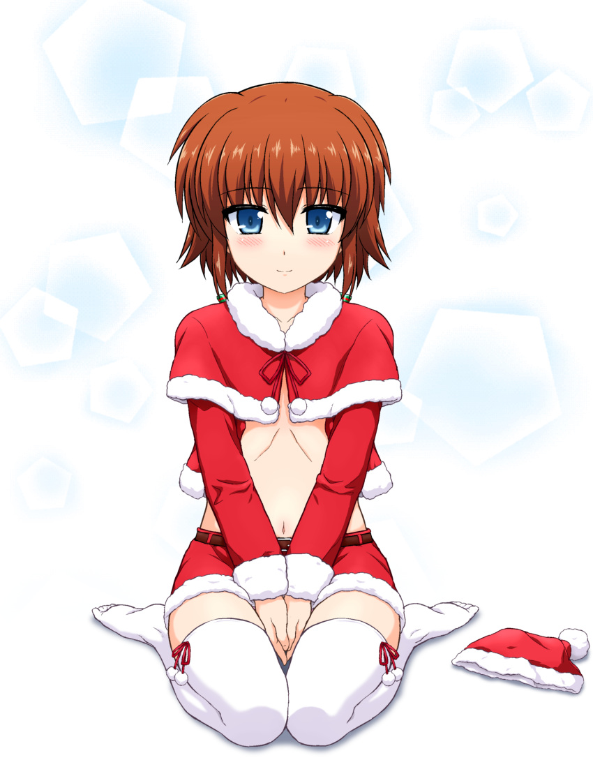 1girl, absurdres, blue_eyes, blush, brown_hair, capelet, christmas, closed_mouth