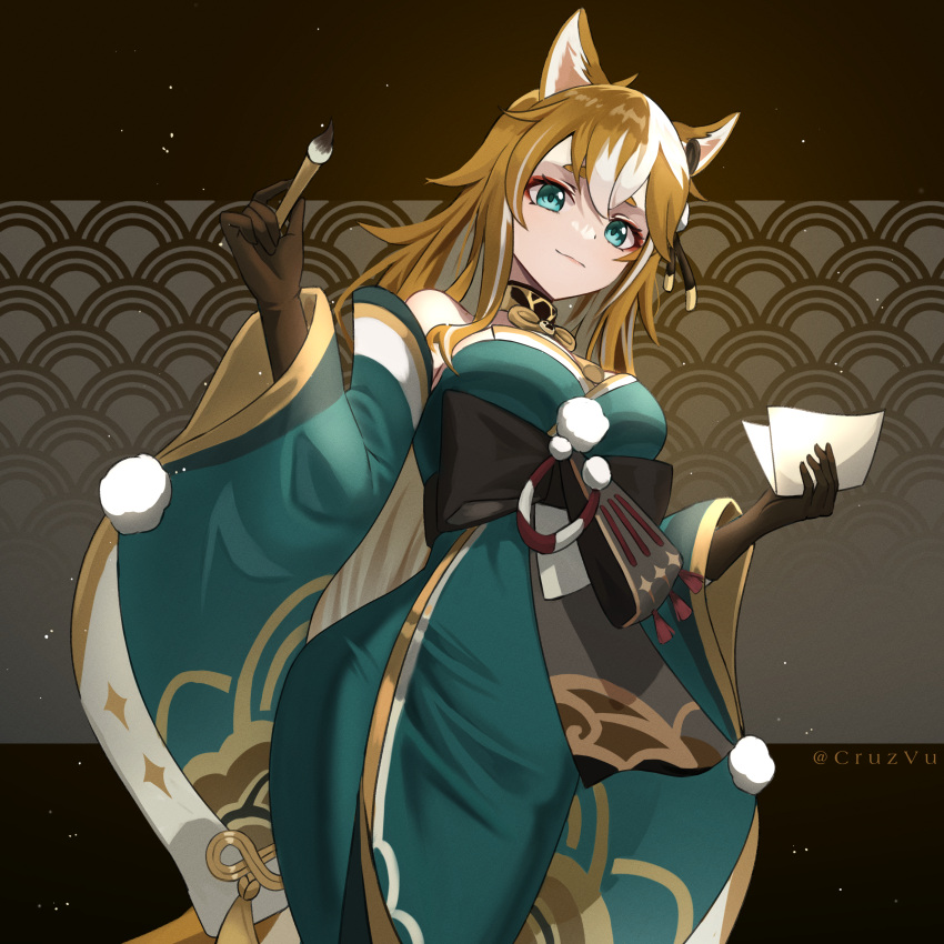 1girl, absurdres, animal_ears, aqua_eyes, artist_name, black_gloves, black_ribbon, breasts, closed_mouth, commentary, cruzvu, dog_ears, eyeshadow, from_below, genshin_impact, gloves, green_kimono, hair_ornament, hair_ribbon, highres, hina_(genshin_impact), holding, holding_brush, holding_paper, japanese_clothes, kimono, large_breasts, long_hair, looking_at_viewer, makeup, paper, ribbon, solo