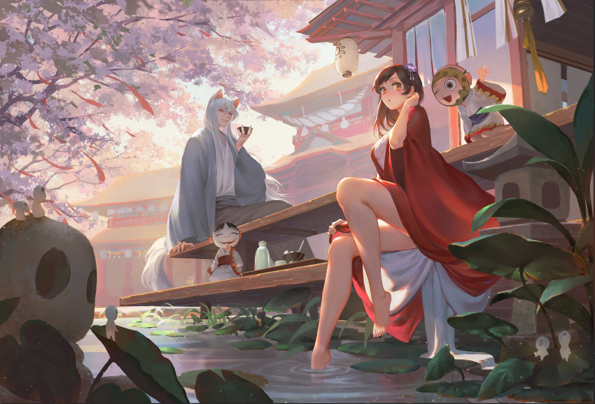 2boys, 2girls, absurdres, animal_ears, architecture, arm_at_side, arm_up, bangs