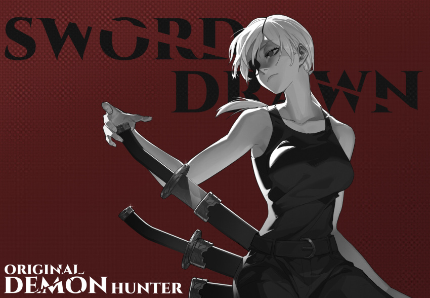 1girl, belt, black_plume, breasts, chainsaw_man, chinese_commentary, closed_mouth, cowboy_shot, english_text, expressionless, eyepatch, glint, gradient, gradient_background, greyscale, highres, medium_breasts, medium_hair, monochrome, one_eye_covered, pants, patterned_background, ponytail, quanxi_(chainsaw_man), red_background, scabbard, sheath, shirt_tucked_in, simple_background, sleeveless, solo, sword, tank_top, unsheathing, weapon, weapon_on_back