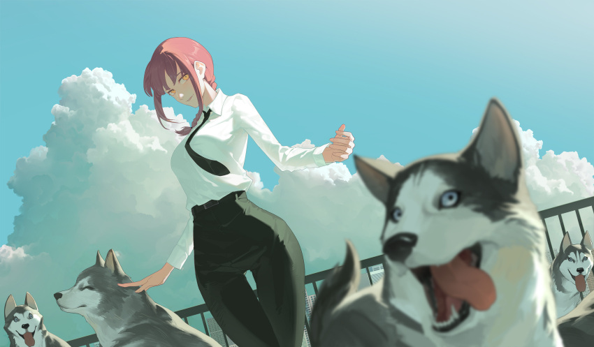 1girl, ass_visible_through_thighs, balcony, belt, black_belt, black_necktie, black_pants, black_plume