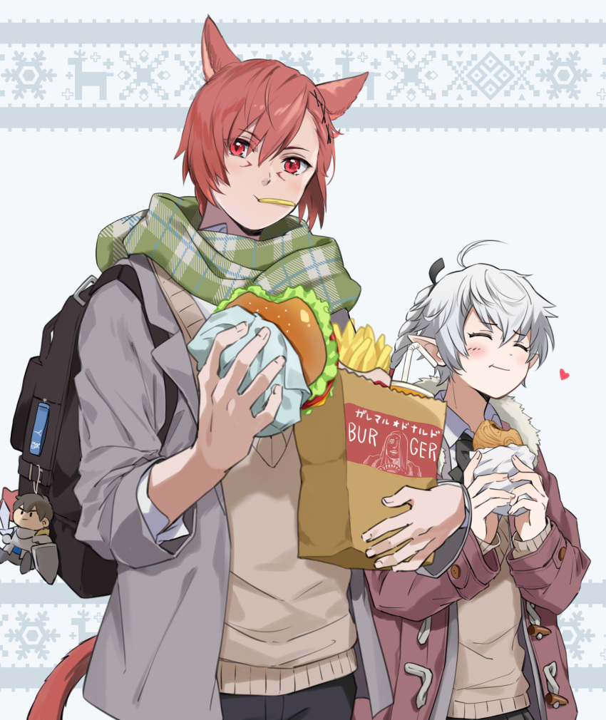 1boy, 1girl, adventurer_(ff14), ahoge, alisaie_leveilleur, alternate_costume, animal_ears, babape