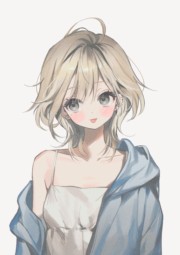 1girl, :p, ahoge, blue_jacket, blush, collarbone, commentary, dress