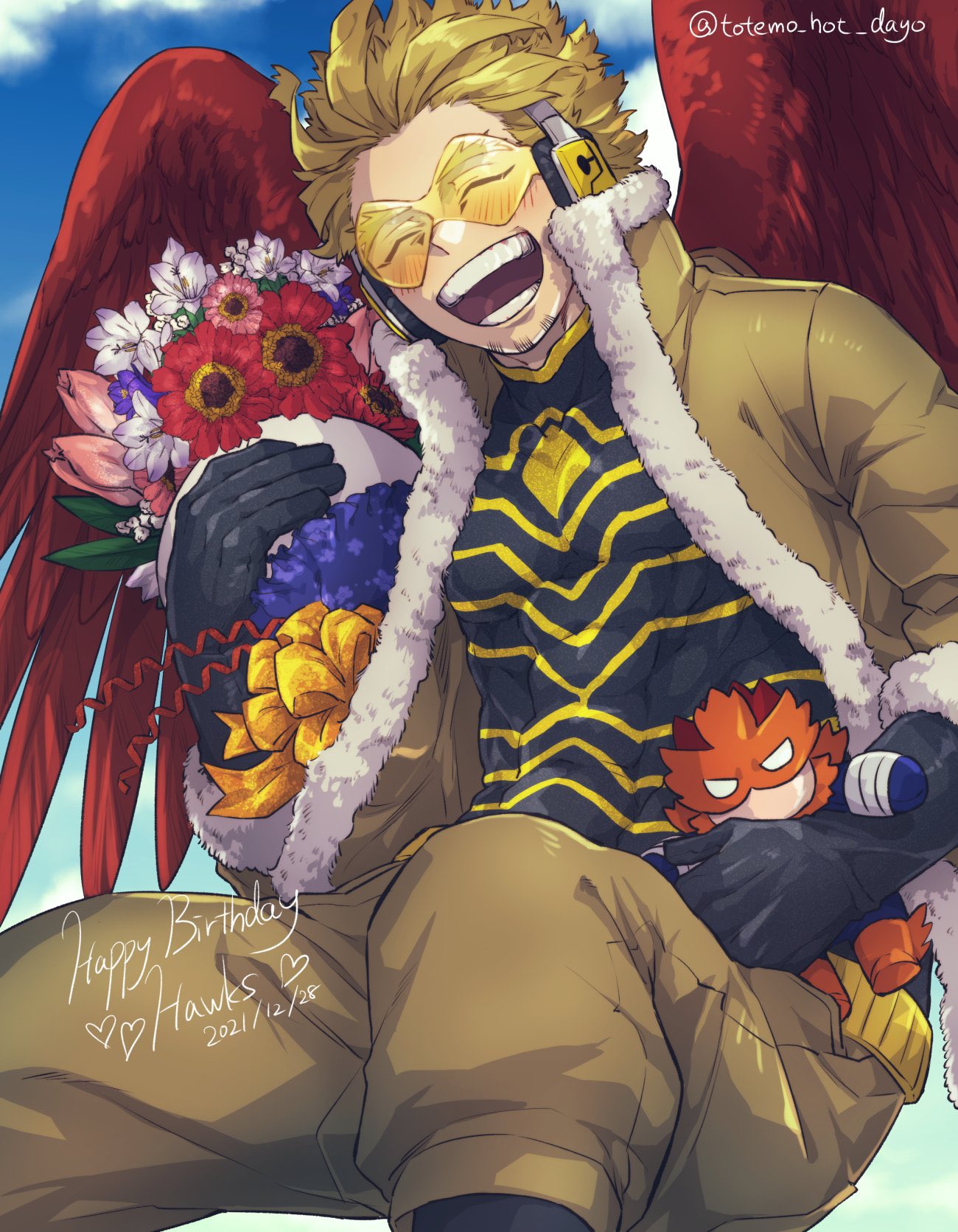 1boy, blonde_hair, blue_sky, boku_no_hero_academia, bouquet, closed_eyes, costume, doll