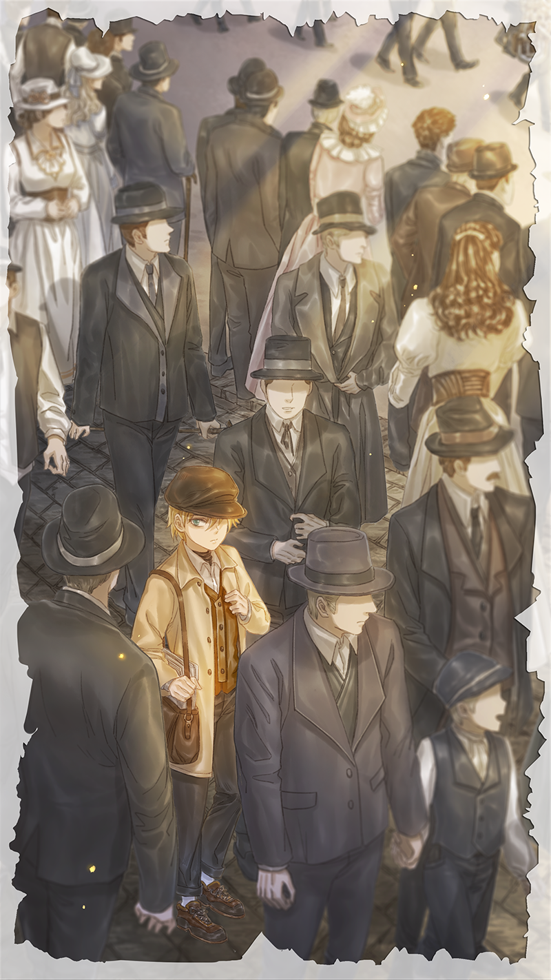 5girls, 6+boys, adjusting_clothes, bag, blonde_hair, blue_eyes, brown_footwear, brown_hair