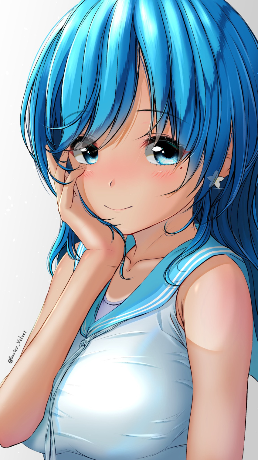 1girl, aigami_shion, bangs, bare_arms, blue_eyes, blue_hair, breasts, closed_mouth