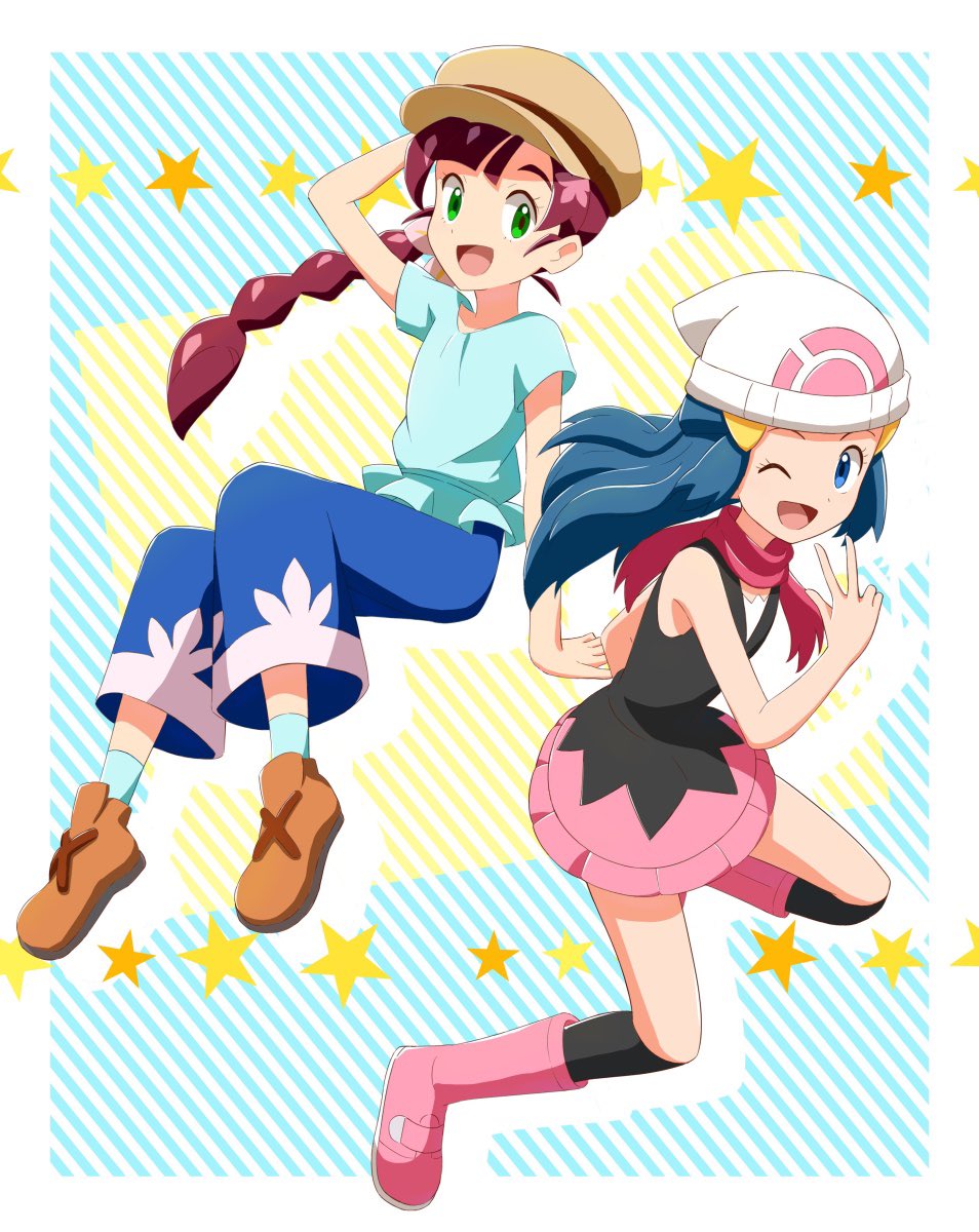 2girls, aqua_legwear, aqua_shirt, beanie, black_legwear, black_shirt, blue_hair, blue_pants, boots, braid, braided_ponytail, brown_footwear, brown_headwear, chloe_(pokemon), green_eyes, hair_ornament, hairclip, haruhi_(xy161027z), hat, highres, hikari_(pokemon), long_hair, multiple_girls, one_eye_closed, pants, pink_footwear, pink_scarf, pink_skirt, poke_ball_symbol, pokemon, pokemon_(anime), pokemon_swsh_(anime), ponytail, purple_hair, scarf, shirt, shoes, skirt, socks, star_(symbol), striped, striped_background, v, w, white_headwear