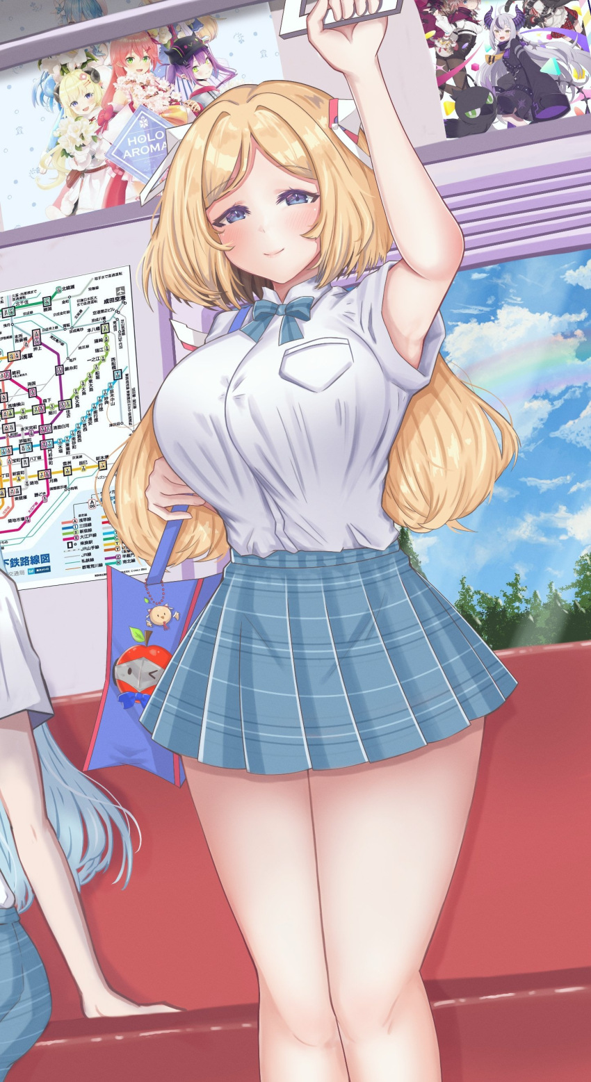 1girl, absurdres, aki_rosenthal, alternate_breast_size, blonde_hair, blush, bob_cut, breasts, commission, detached_hair, highres, holding, hololive, hololive_error, la+_darknesss, large_breasts, long_hair, looking_at_viewer, low_twintails, multiple_girls, nyu-tan94, sakura_miko, school_uniform, short_hair, sidelocks, skirt, tented_shirt, train_interior, tsunomaki_watame, twintails, violet_eyes, virtual_youtuber, yukihana_lamy