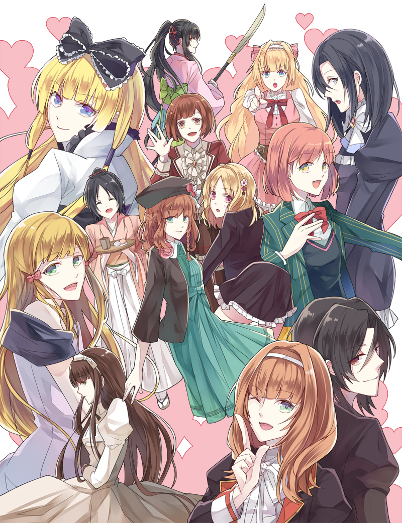 6+girls, amnesia_(idea_factory), black_bow, black_hair, black_headwear, black_skirt, black_wolves_saga, blonde_hair