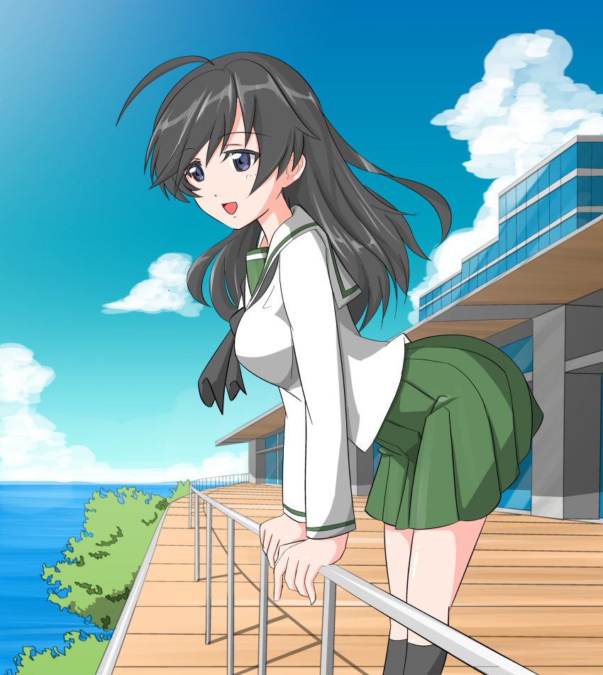 1girl, absurdres, ahoge, bangs, black_eyes, black_hair, black_legwear, black_neckerchief