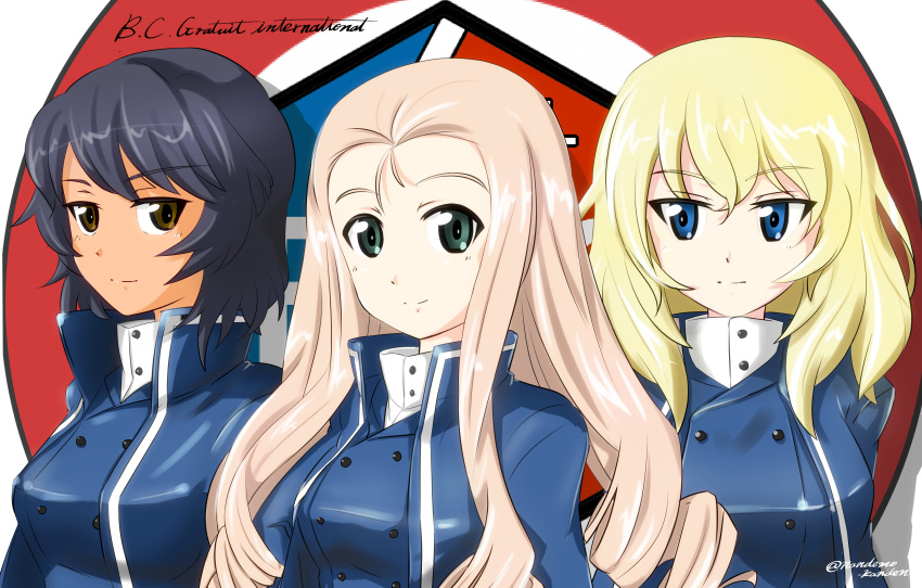 absurdres, andou_(girls_und_panzer), bangs, bc_freedom_(emblem), bc_freedom_military_uniform, black_hair, blonde_hair, blue_eyes