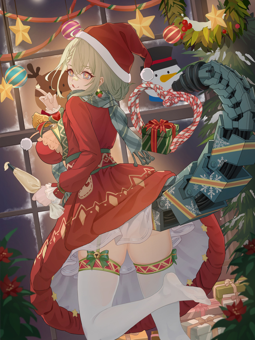 1girl, :q, bell, blue_eyes, box, braid, breasts, christmas