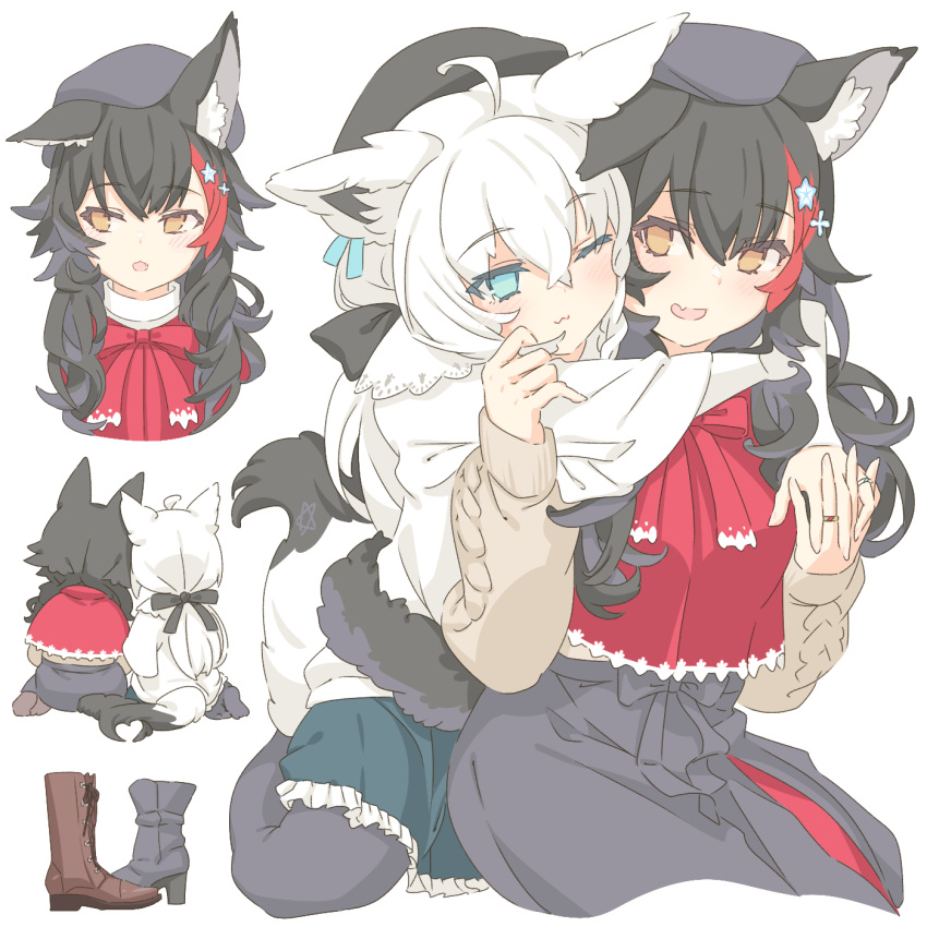 2girls, :3, animal_ears, aqua_eyes, black_bow, black_hair, blush, boots, bow, brown_eyes, brown_footwear, commentary_request, fox_ears, fox_girl, fox_tail, grey_footwear, grey_hair, hair_bow, highres, hololive, hug, interlocked_fingers, jewelry, long_hair, multicolored_hair, multiple_girls, multiple_views, one_eye_closed, ookami_mio, open_mouth, redhead, ring, shirakami_fubuki, streaked_hair, tail, tataki_tuna, white_background, white_hair, wolf_girl, yuri