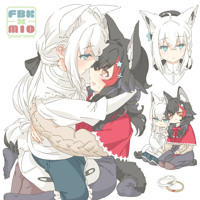 2girls, animal_ears, aqua_eyes, black_bow, black_hair, blush, bow, brown_eyes, character_name, commentary_request, extra_ears, eye_contact, face-to-face, fox_ears, fox_girl, fox_tail, grey_hair, hair_bow, highres, hololive, jewelry, long_hair, looking_at_another, multicolored_hair, multiple_girls, multiple_views, ookami_mio, open_mouth, redhead, ring, shirakami_fubuki, streaked_hair, sweat, tail, tataki_tuna, twitter_username, white_background, white_hair, wolf_girl, yuri